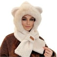 thumbnail image 2 of Cute Bear Ear Hat Warm Scarf Set 2 in 1 Hooded Scarf for Women, Winter Windproof Plush Integrated Earflap Beanie Hat Beige Free, 2 of 3