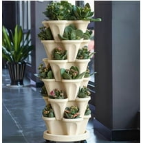 MINESTIA 5 Tier Vertical Planter, Stackable Garden Strawberry, Herb, Flower, Vegetable Planter with 16 Planters and 360° Swivel Casters for Indoor/Outdoor, White