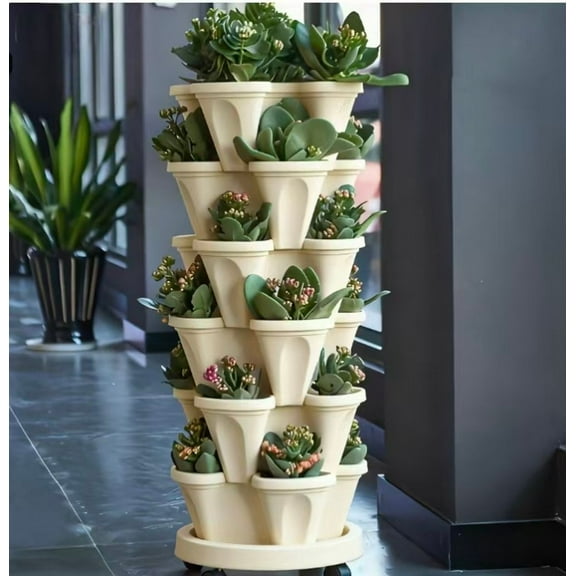 MINESTIA 5 Tier Vertical Planter, Stackable Garden Strawberry, Herb, Flower, Vegetable Planter with 16 Planters and 360° Swivel Casters for Indoor/Outdoor, White
