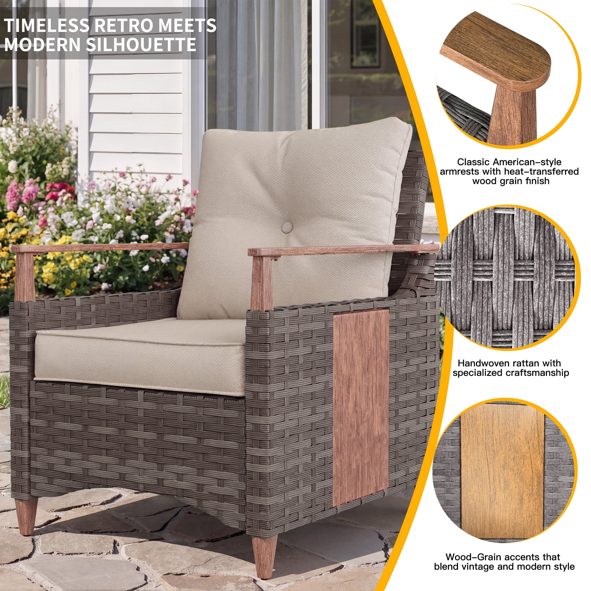 NestNook 4-Piece Wicker Patio Furniture Set, 4-Seat Conversation Set with Loveseat, 2 Fixed Chairs, Table, 330lb Weight Capacity, Waterproof Cushions