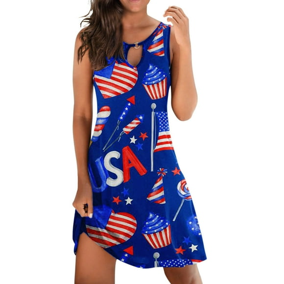 TJAZFJPA Flapper Dress Independence Day Womens Fourth of July Print Womens Casual Summer Dress Crewneck Sleeveless Vest Dress Nothing Fits But Dress See Through Dress