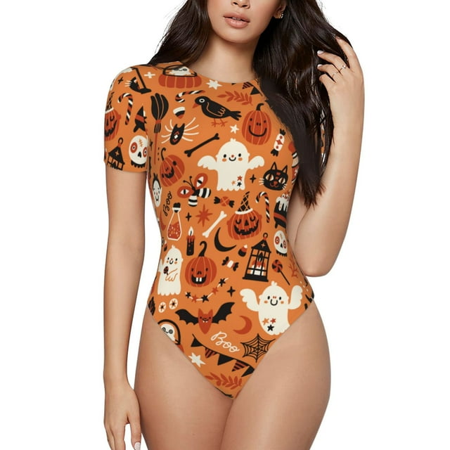 KLL Halloween 2 pour Femmes Justaucorps à Manches Courtes, Justaucorps Aguichant une Pièce Col Rond Justaucorps Gainant Contrôle du Ventre-TTG
