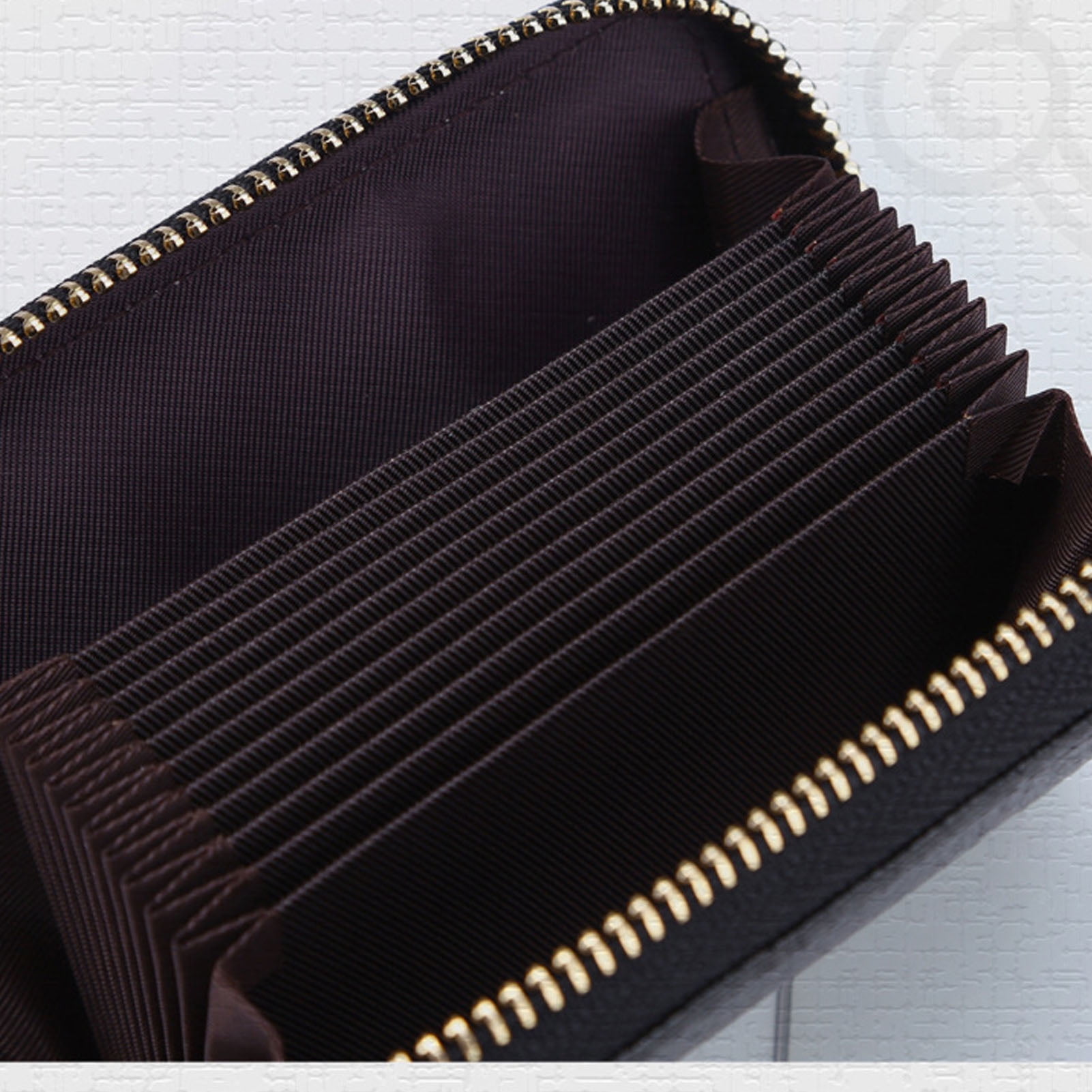 Card Wallet Black Leather 10 Slots Zipper Compact