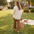 thumbnail image 6 of Satingcolo Linen Pants Women Wide Leg Ruffle Hem Pull On High Waisted Elastic Waist Cropped Ankle Casual Beach Summer Pants Brown L, 6 of 8