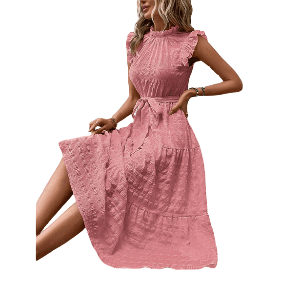 Women's Summer Dresses Boho Textured Fashion Maxi Dress V Neck Solid Elegant Party Casual Fit Elegant Vacation Sundress (Pink,X-Large)