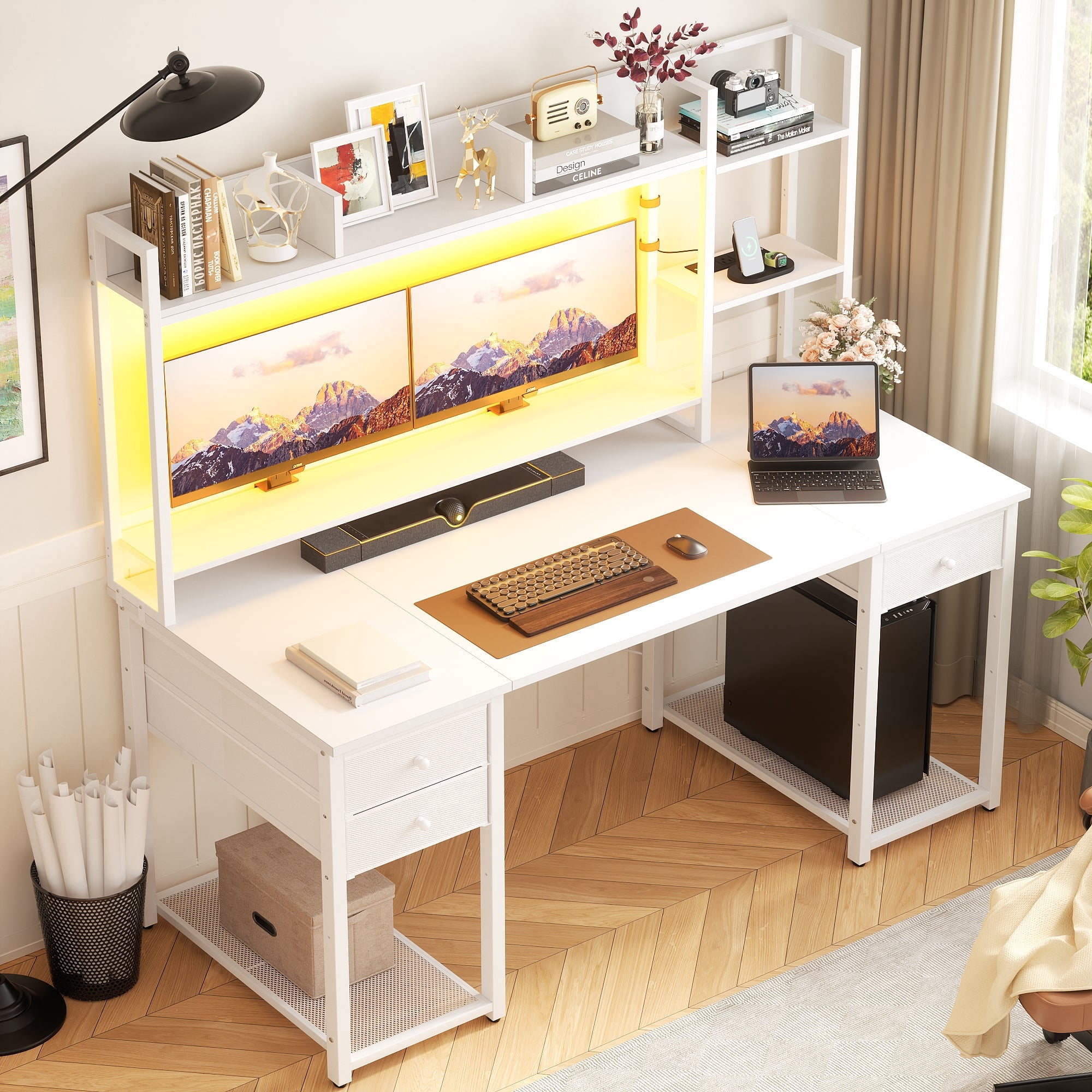 Homieasy Desk with Hutch & Power Outlets, 55.2'' Computer Gaming Desk with LED Lights and Drawers, Reversible Office Desk with Storage Shelves, Workstation Desk for Home & Office, White