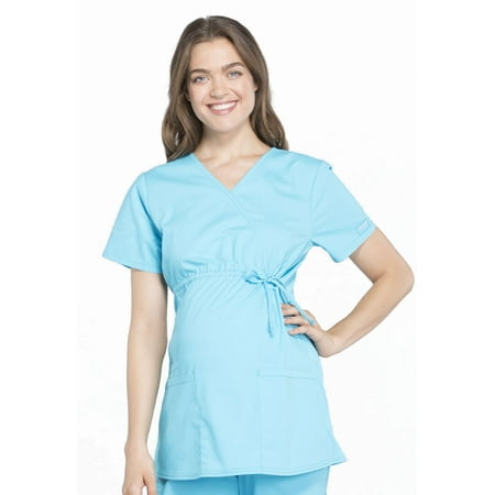 Workwear Professionals Maternity Women Medical Scrubs Top Mock Wrap WW685, M, Turquoise