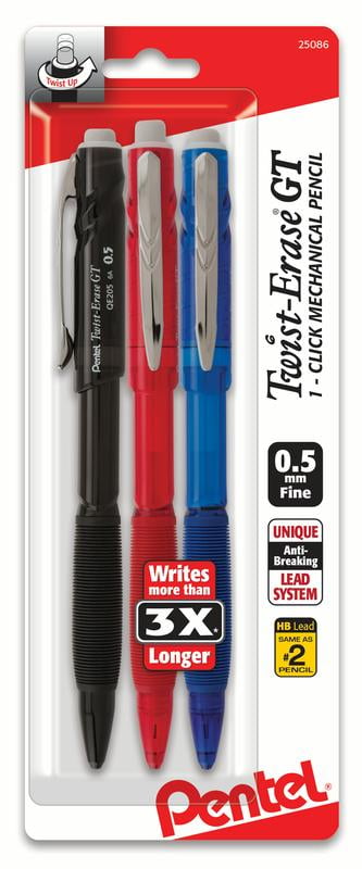 Pentel Twist-Erase GT (0.5mm) 1-CLICK Mechanical Pencil, Assorted Barrels, 3-Pk