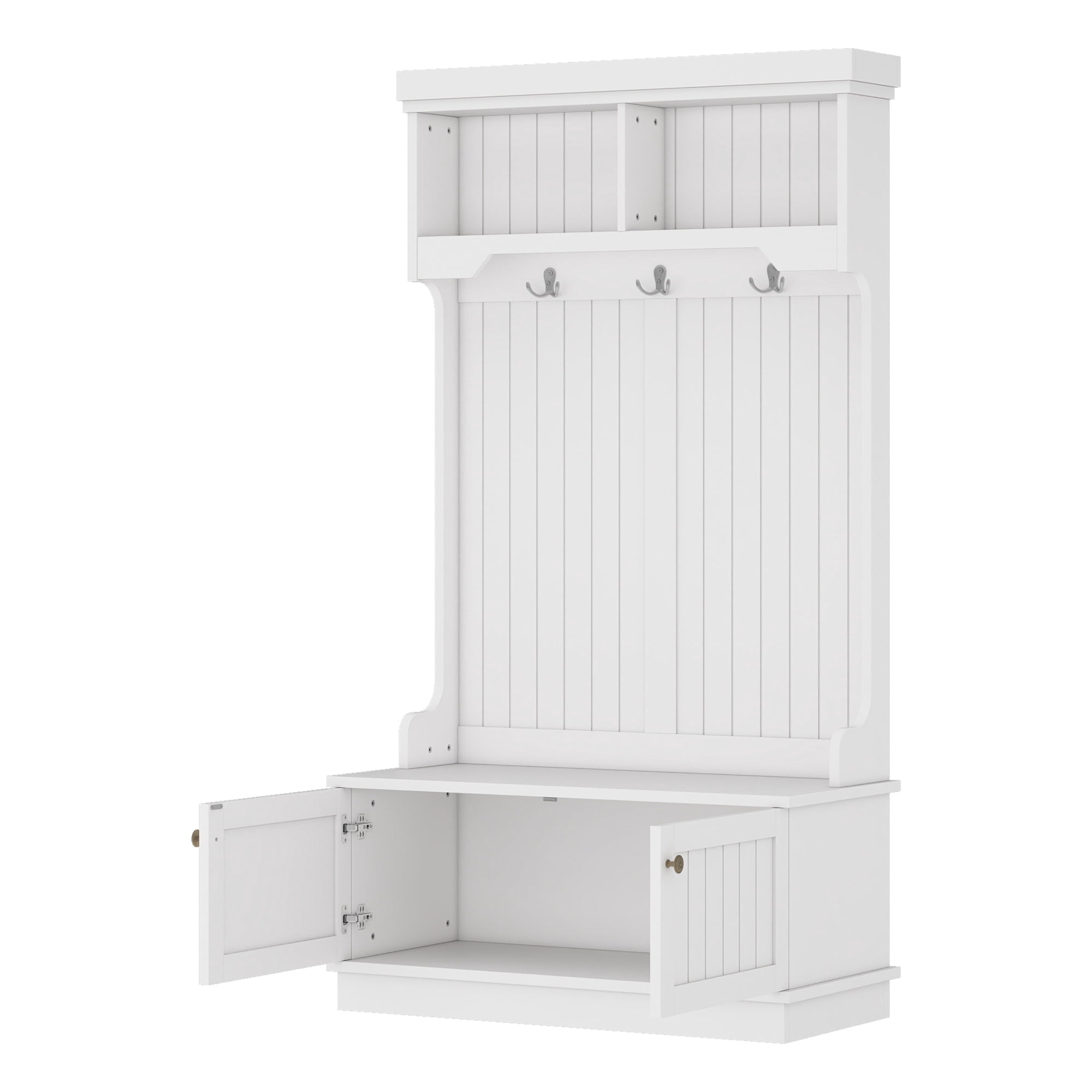 Mintazer 4‑in‑1 Hall Tree with Hooks & Storage Bench, Multifunctional Entryway Coat Rack with Upper Open Shelves & Lower Cabinet for Living Room Mudroom Bedroom, White