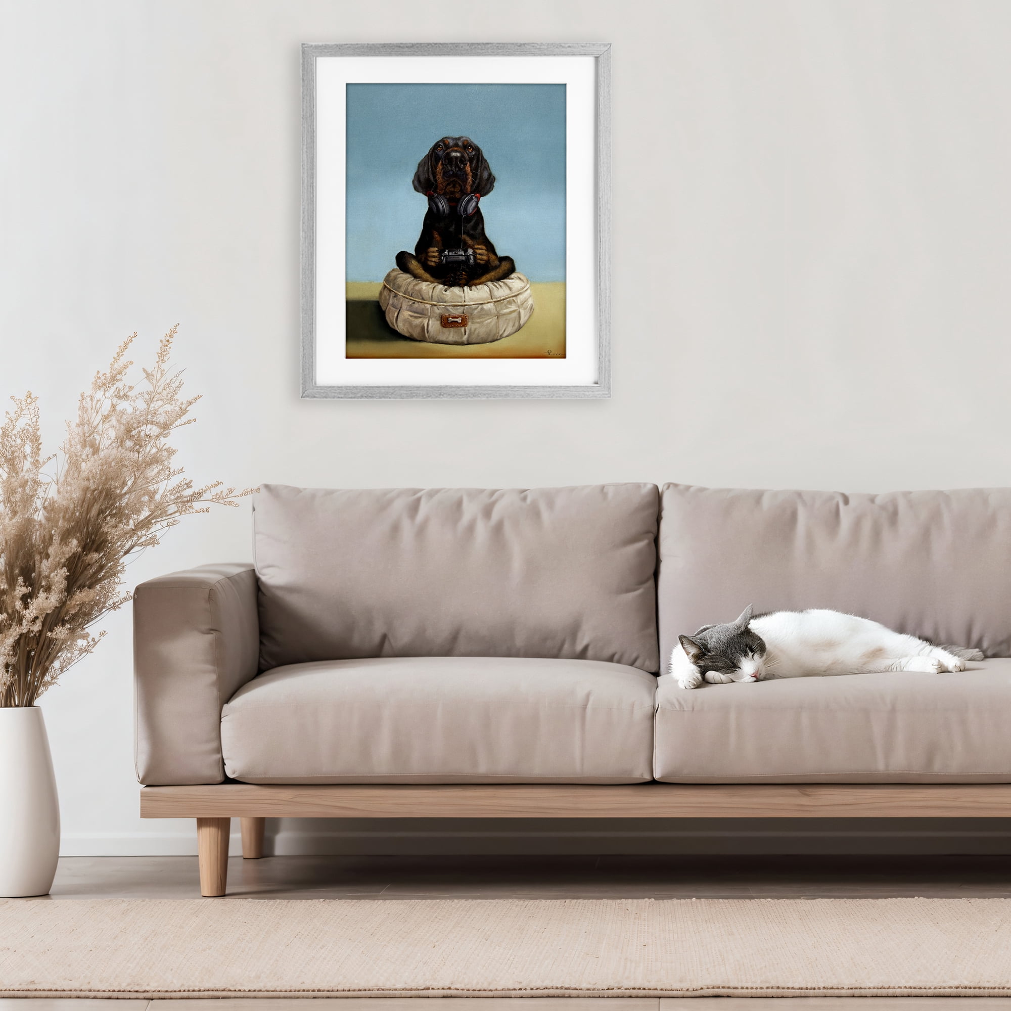Stupell Industries Game Boy Playing Dog Gray Framed Print Under Glass, design by Lucia Heffernan