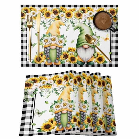 Placemats Set of 4, Sunflower Gnomes Woven Placemat, Linen Place Mats for Kitchen/Dining Tables, Spring Farmhouse Country Daisy Leaf Plaid Washable Table Mats for Party