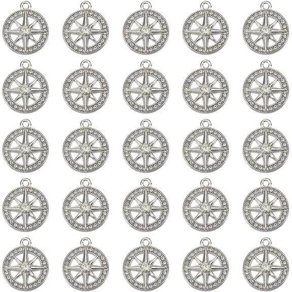 40Pcs Small Metal Compass Charm Round Rhinestone Charms Bulk Alloy Hexagram Compasses Shaped Charm Bracelets Earrings DIY Crafts for Jewelry Making Pendants