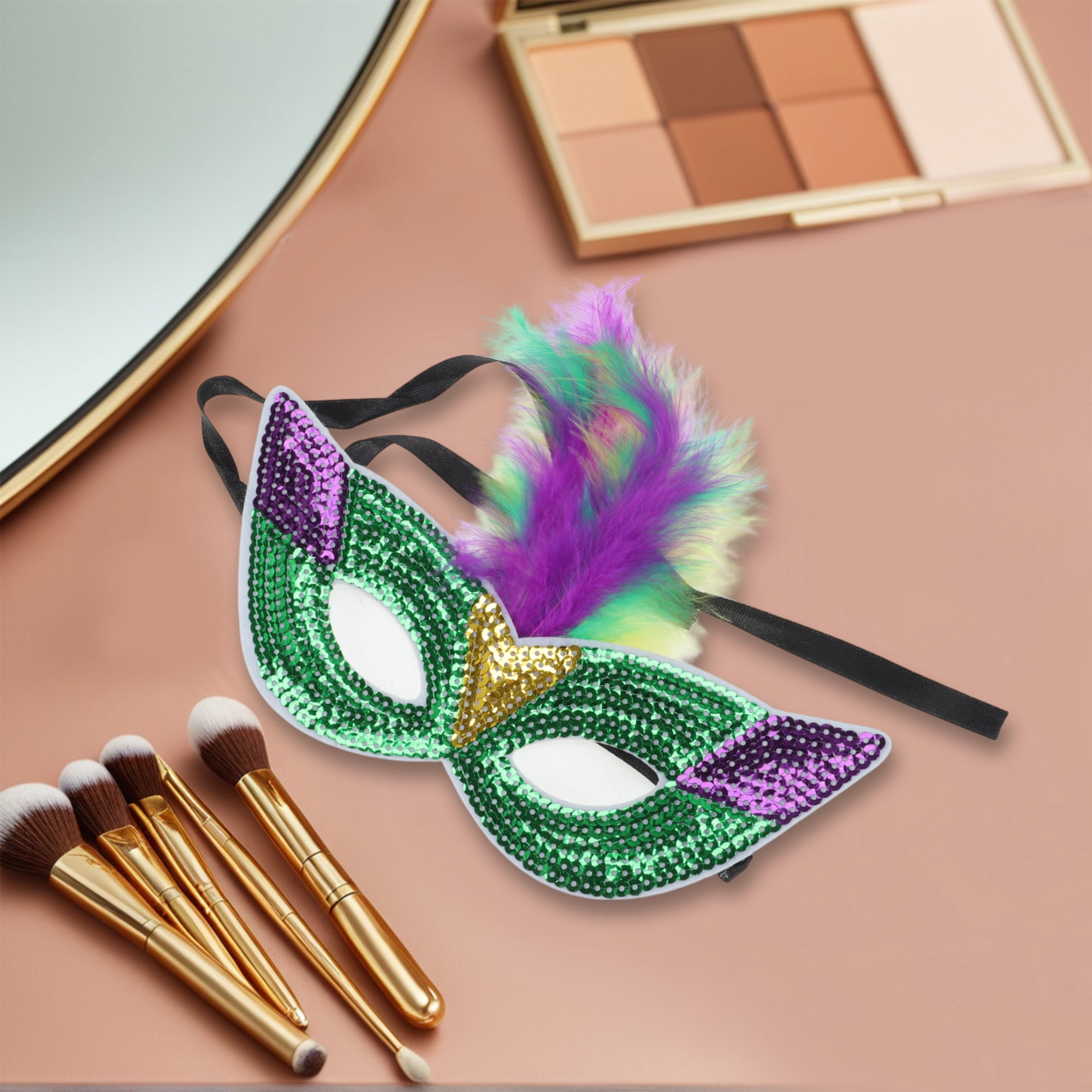 Unique Bargains 1 Box Colorful Feather Sequins Half Face Party Mask Green