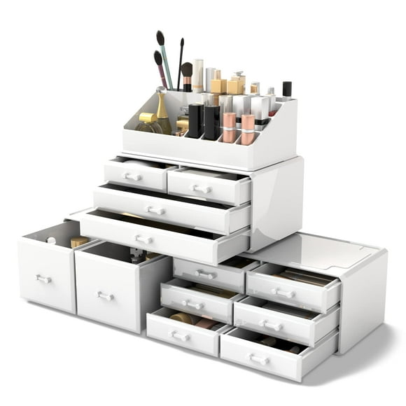 READAEER Organisateur de Maquillage Cosmétique Tiroirs de Rangement Boîtes d'Affichage avec 12 Tiroirs (Blanc)