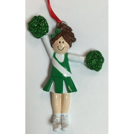 Brunette Cheerleader Girl in Green Uniform with Pom Poms Christmas Ornament