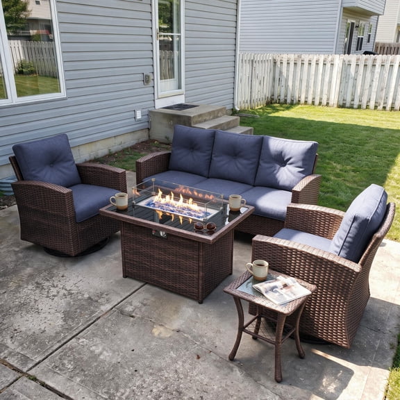 Layinsun 5 Pieces Patio Furniture Set with Swivel Chairs, Rattan Wicker Rocking Glide Chairs with 44" Propane Gas Fire Pit Table Conversation Set