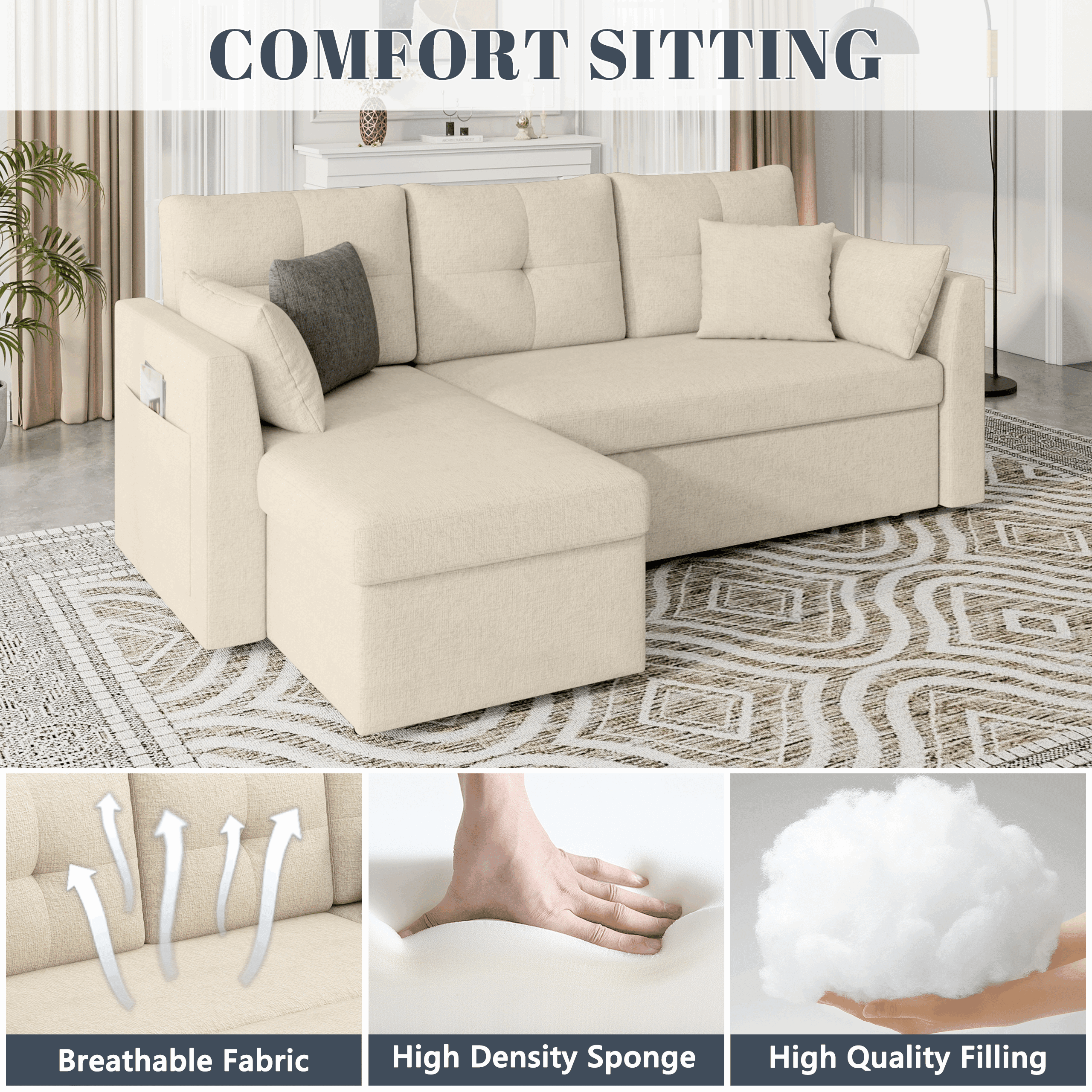 Mangodan Sectional Sleeper Sofa Couch, 2 in 1 Pullout Couch  Sleeper Sofa Bed with Storage Chaise, Side Pocket, Beige