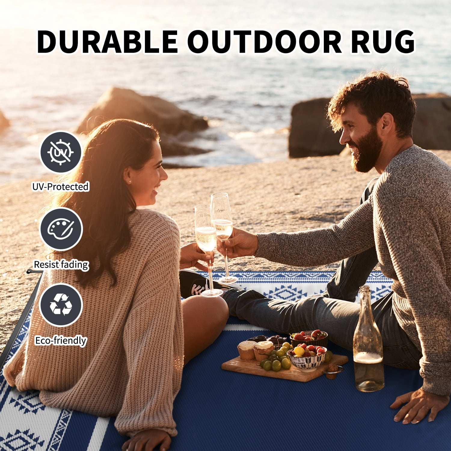 SIXHOME 5x8 Feet Waterproof Outdoor Rug - Reversible Blue & White Plastic Patio Mat, Non-Slip Durable Moroccan Geometric Design for Camping, RV, Balcony, Porch, Picnic