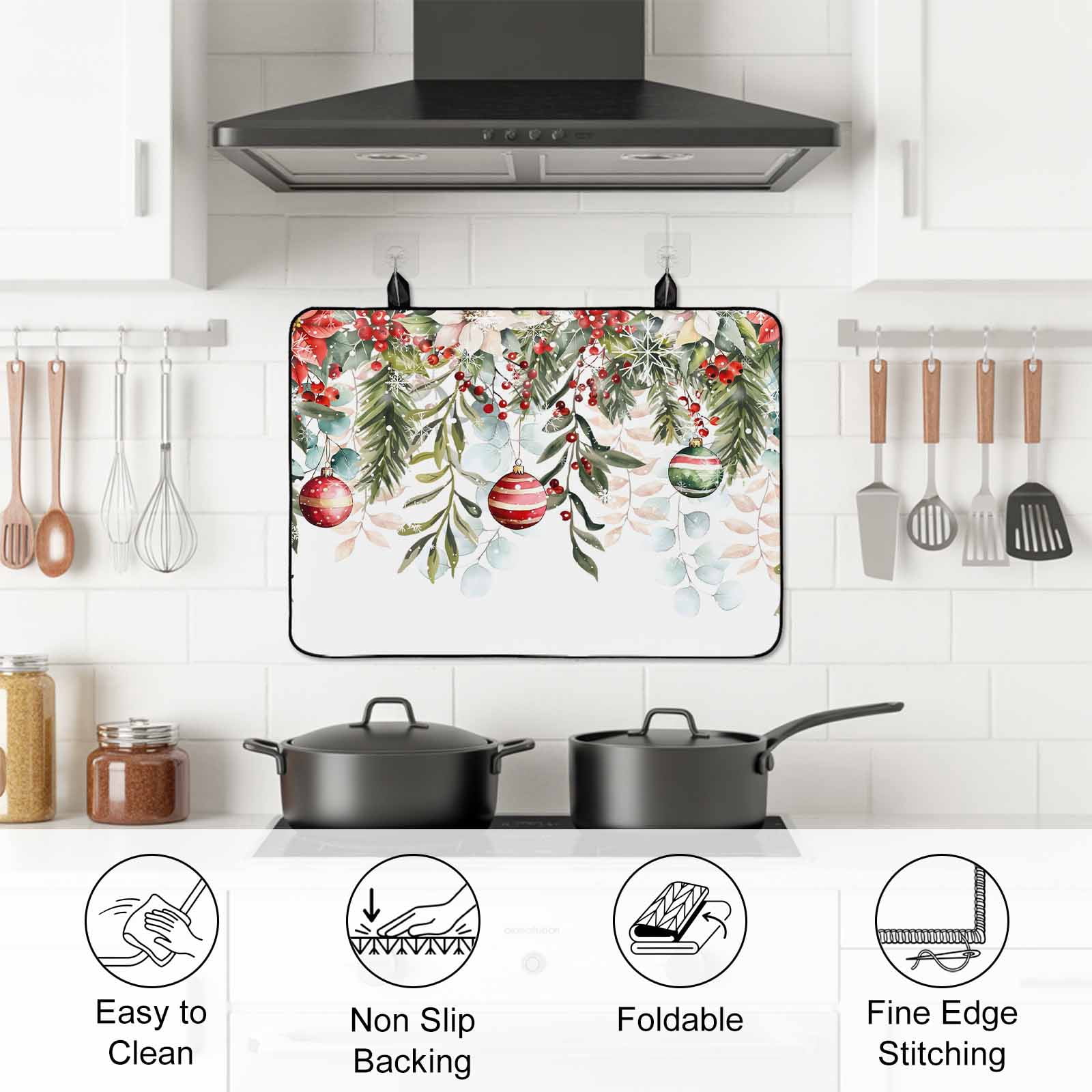 Christmas Snowflakes Stove Top Cover for Electric Stove, Heat-proof & Non Slip Glass Top Stove Cover Protector, Winter Poinsettia Xmas Balls Floral Leaf Kitchen Flat Cooktop Rubber Mat 24x21 Inches