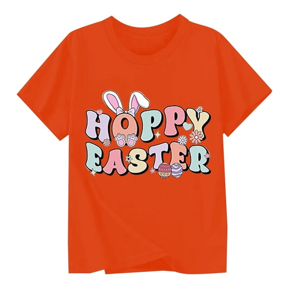 Valora Little Kid Easter Print Casual Tee for Girls Comfortable Little Kid ren's Graphic T-Shirt Holiday Themed Top Orange 8-9 Years