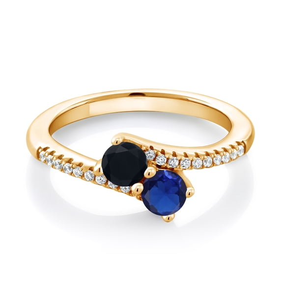 Gem Stone King 18K Yellow Gold Plated Silver Black Onyx and Blue Created Sapphire Bypass Ring for Women (0.71 Cttw, Gemstone December Birthstone, Round 4MM, Size 6)