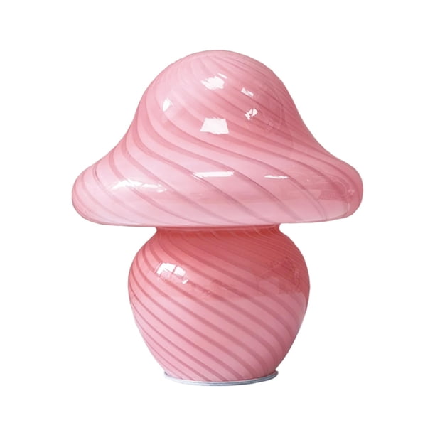 Lámpara de hongo, pequeña lámpara de mesa rosa con vidrio rayado, linda lámpara de mesita de noche con remolino para dormitorio, mesita de noche, regalo para niñas