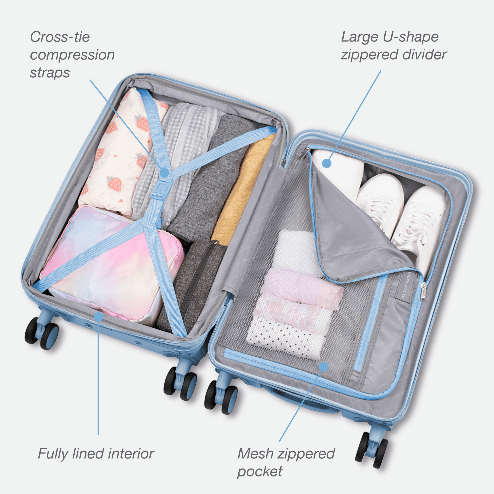 U.S. Traveler Citrine Hardside Spinner Luggage w/ USB Port, Soft Blue, 22" Carry-On