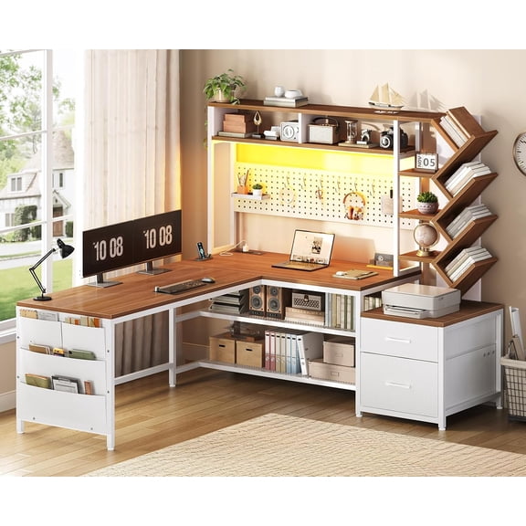 L Shaped Office Desk with Drawers and Hutch, Convertible 97.6" Two Person Computer Desk, Corner Gaming Desk with Storage Shelves, LED Light and Power Outlet, White and Brown