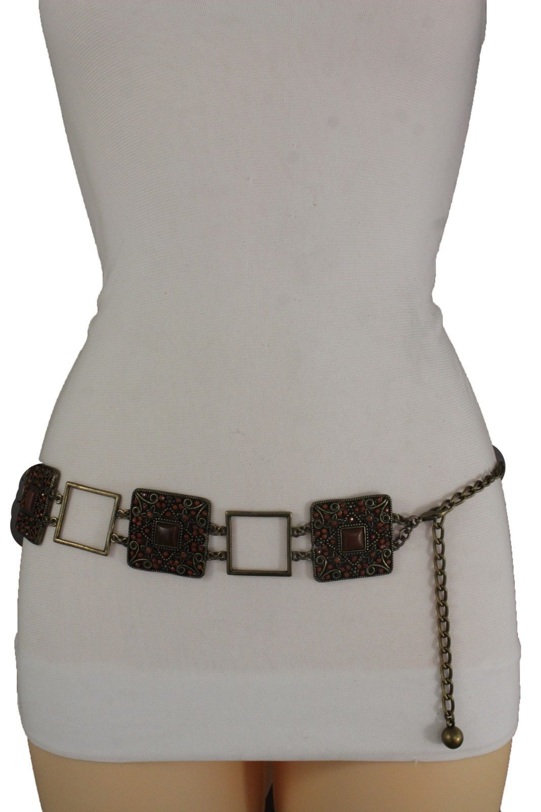 Women Dressy Belt Hip Waist Narrow Elastic Gold Metal Bling Beads Buckle S M L 