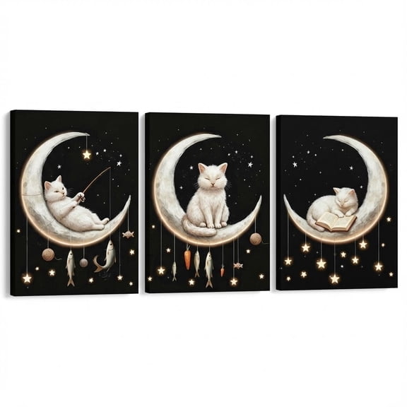 Artiluxy Set of 3 Cat Moon Canvas Wall Art, 12x16 Inch Whimsical White Cat Prints, Dreamy Night Animal Artwork on Stretched Canvas for Bedroom Nursery Decor