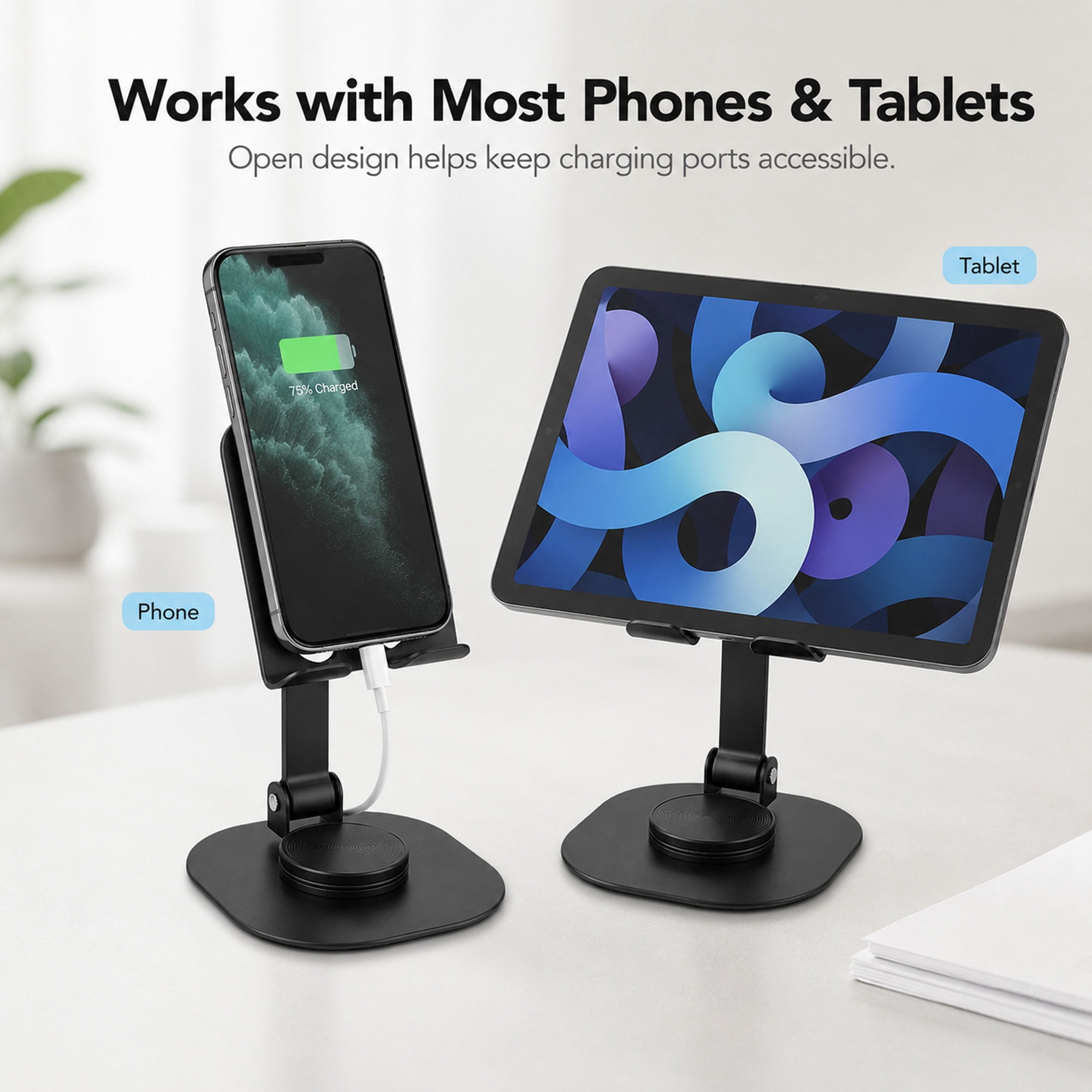360° Rotating Phone & Tablet Stand, Foldable Metal Desk Holder with 180° Tilt, Portable Anti-Slip Stand for iPhone, Samsung, iPad, Tablets, Video Calls & Streaming, Black