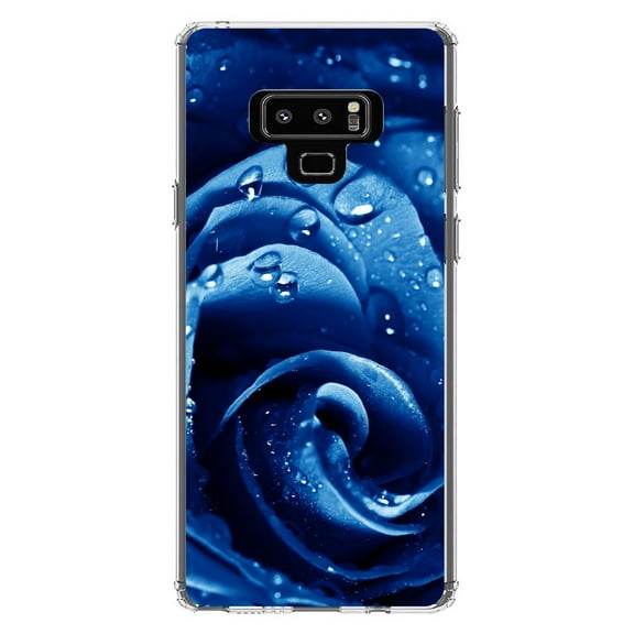 DistinctInk Clear Shockproof Hybrid Case for Samsung Galaxy Note 9 - TPU Bumper, Acrylic Back, Tempered Glass Screen Protector - Blue Dew Covered Rose