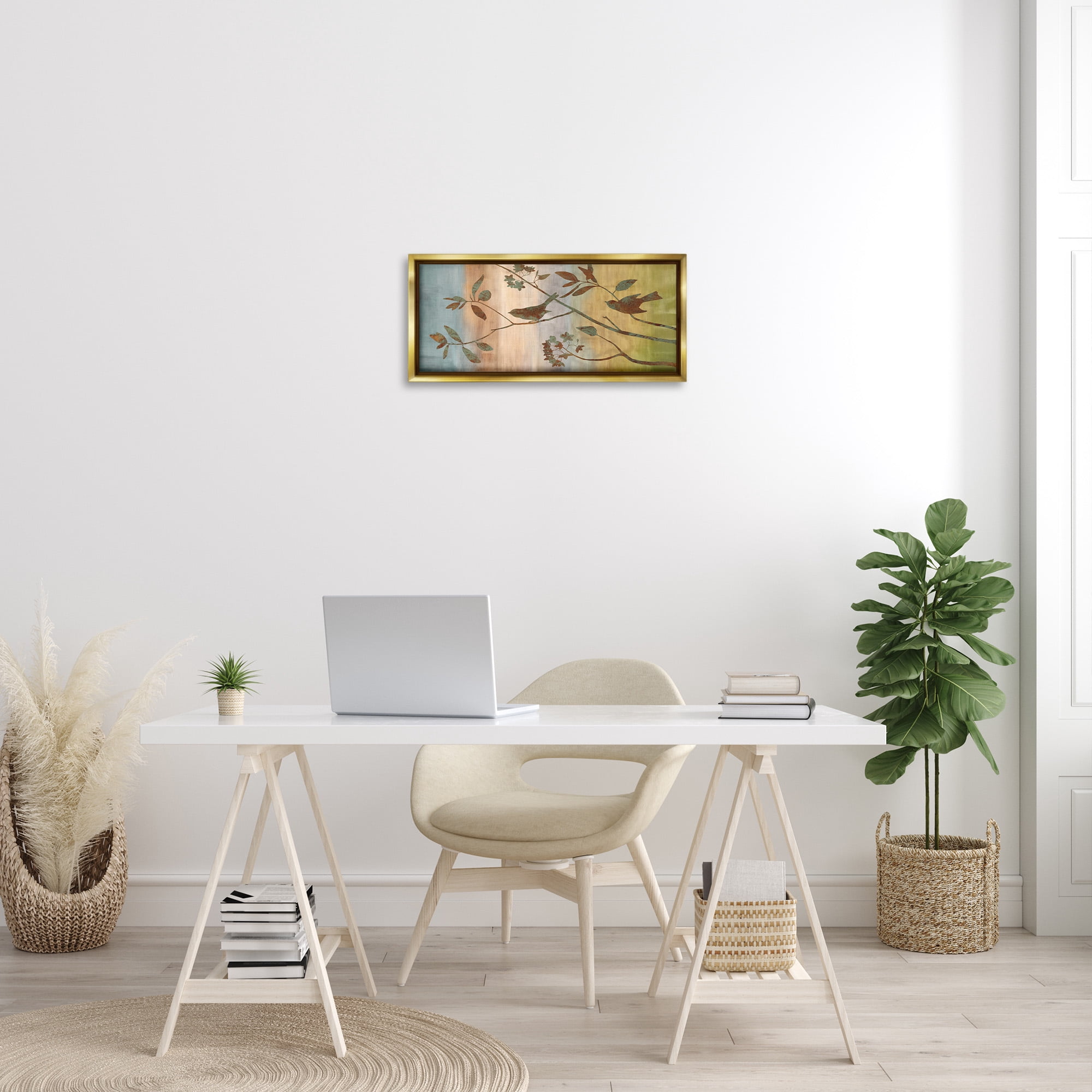 Stupell Industries Collaged Bird Nature Silhouette Botanical & Floral Painting Gold Floater Framed Canvas Art Print Wall Art, 25 x 11
