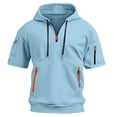 thumbnail image 3 of Mens Short Sleeve Hoodies Quarter Zip Hoodie Muscle Fit Workout Athletic shirts Lightweight Hooded Tshirts with Pocket Light Blue 2XL, 3 of 6