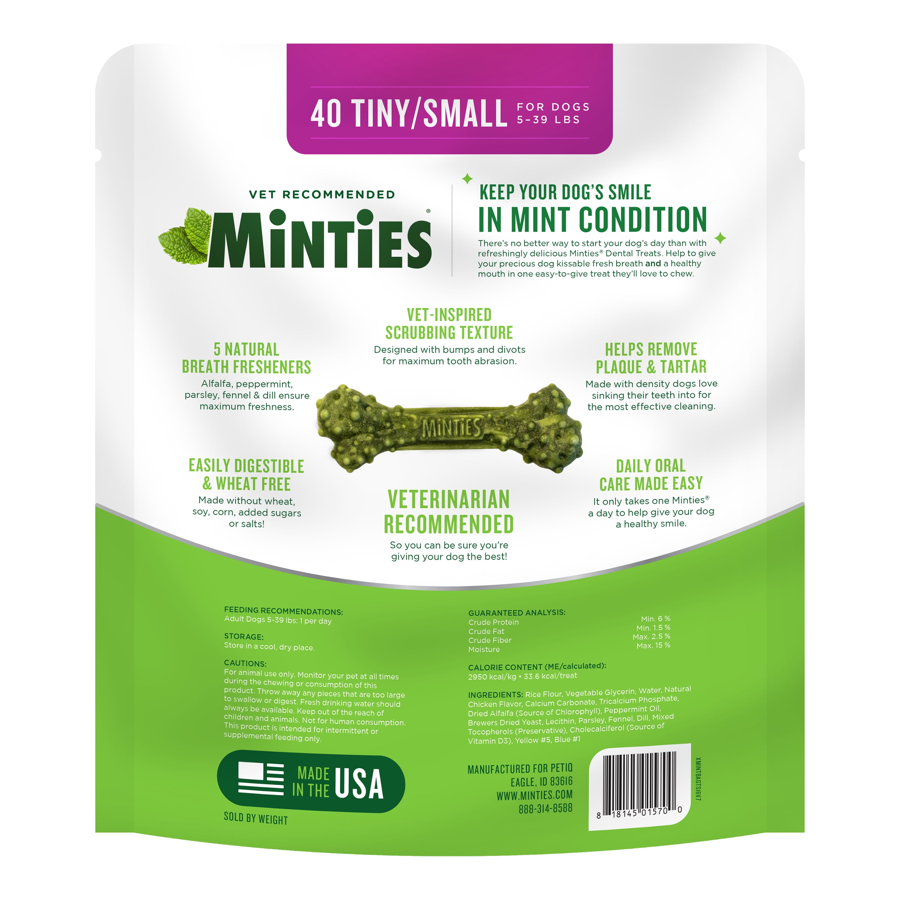 MINTIES Dog Dental Bone Treats, Dental Chews for Tiny/Small Dogs 5-39 lbs, 40 Count - 1