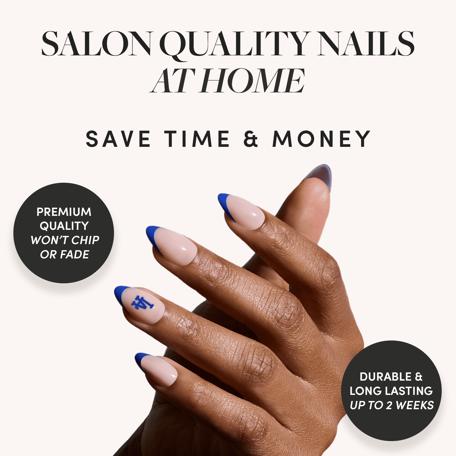 Glamnetic x Fanatics Press On Nails - Los Angeles Dodgers | Short Almond Fake Nails, MLB Dodgers Blue French Tips, Baseball Nails, Salon-Quality | 15 Sizes - 30 Nail Kit with Glue