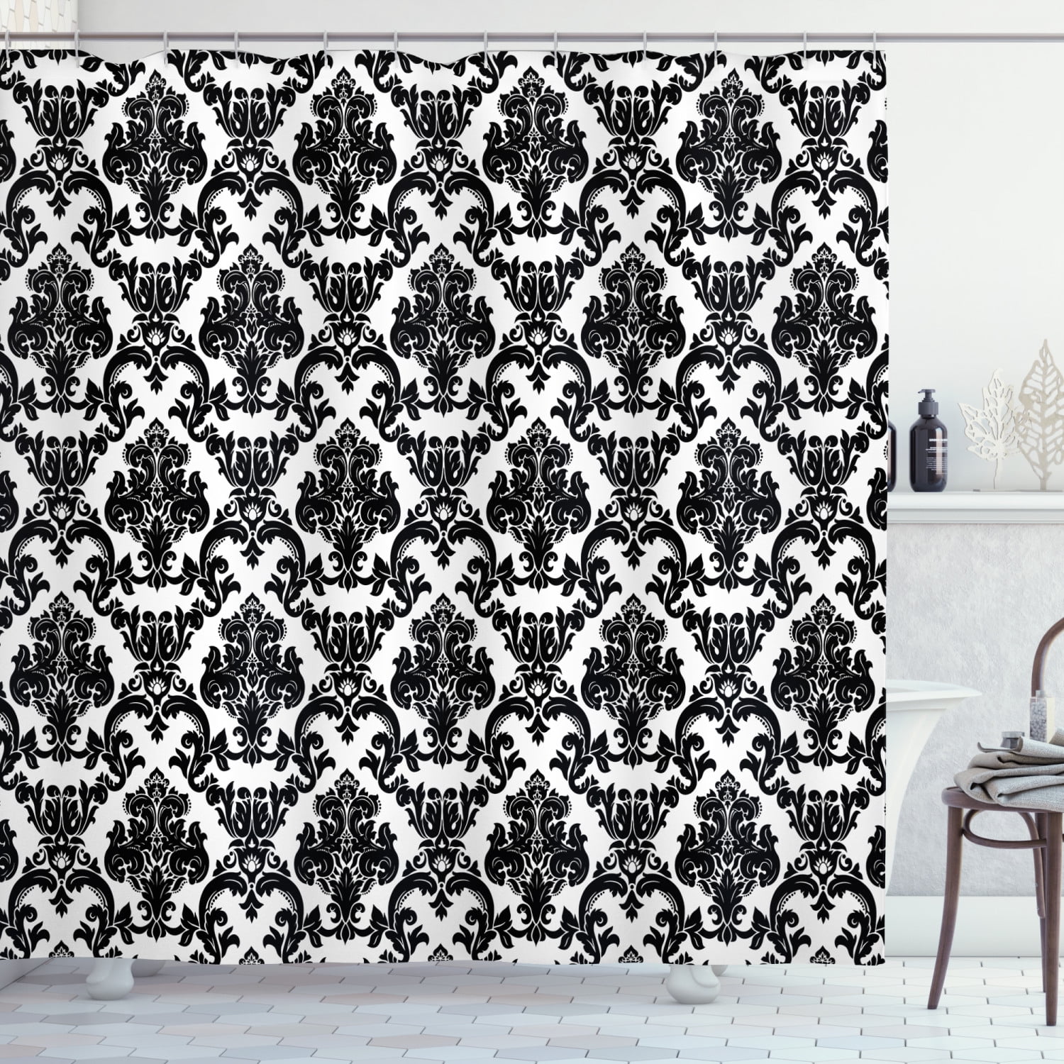 White Damask Shower Curtain, Retro Styled Continuing Ornamental Graphic Print Along Leafy Motifs