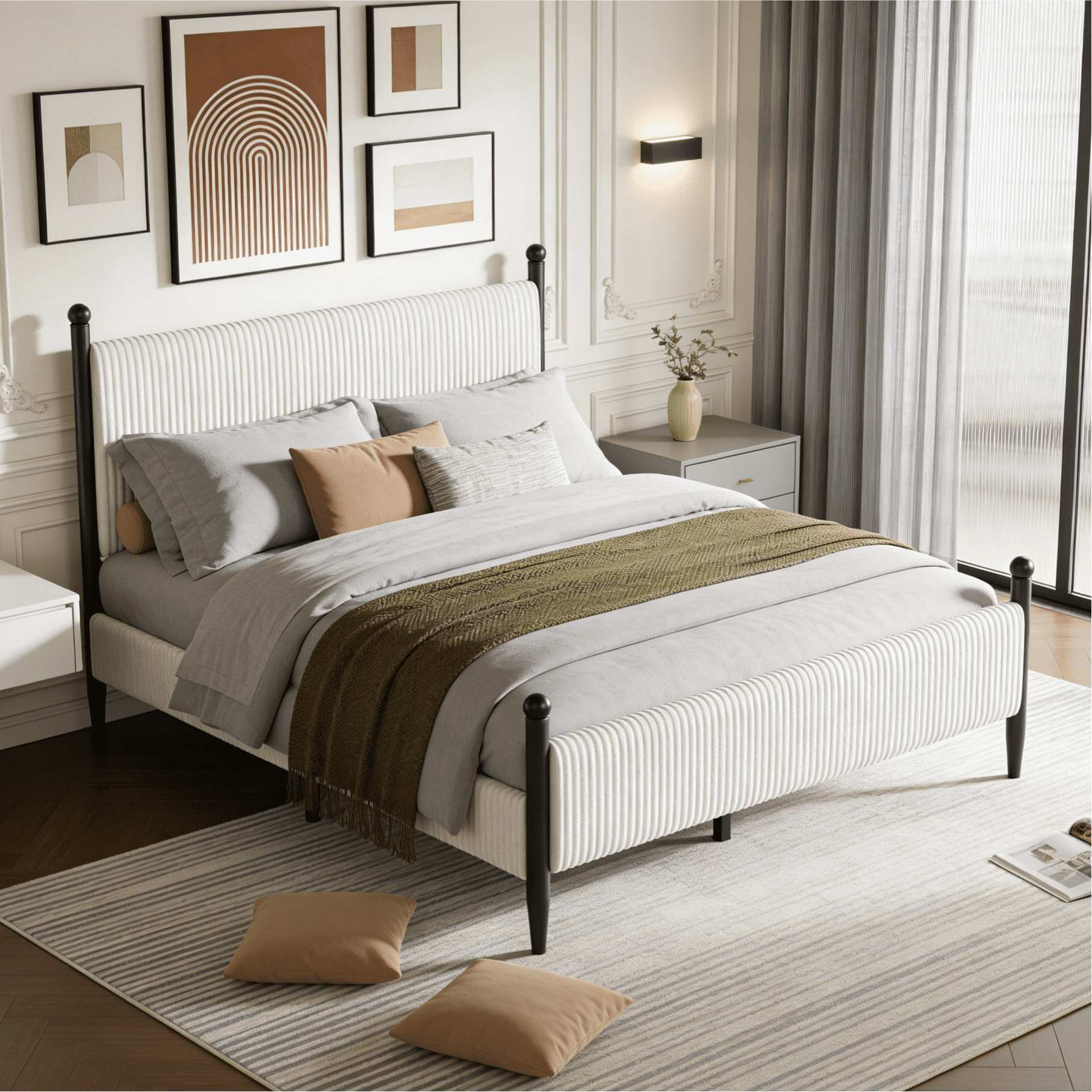 Full Size Upholstered Bed Frame with Velvet Headboard, Soft Corduroy Fabric Platform Bed with Wooden Slats Support, No Box Spring Needed, White