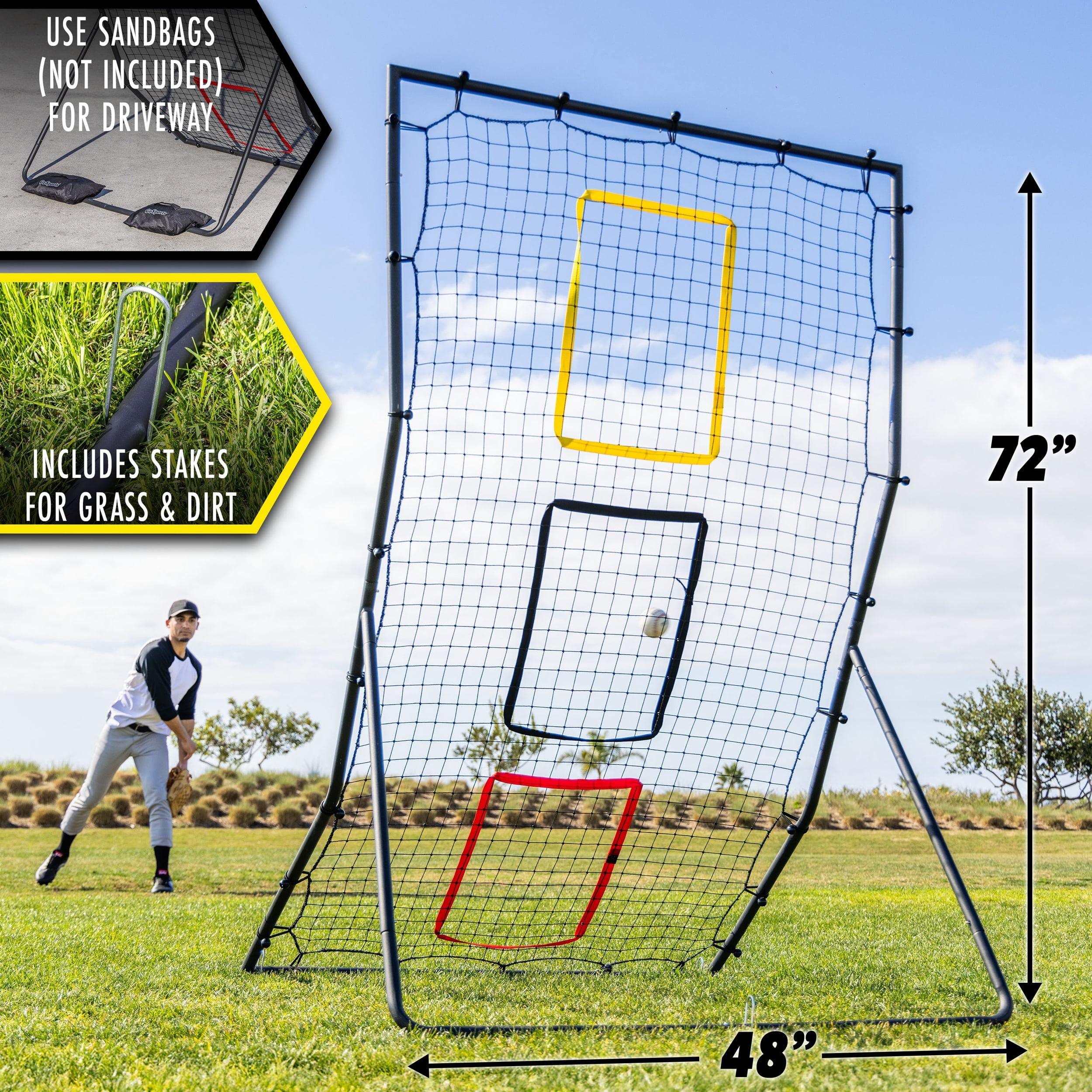 GoSports 6 x 4 ft Baseball & Softball Pitching and Fielding Rebounder - Pitch Back Net with 3 Target Zones