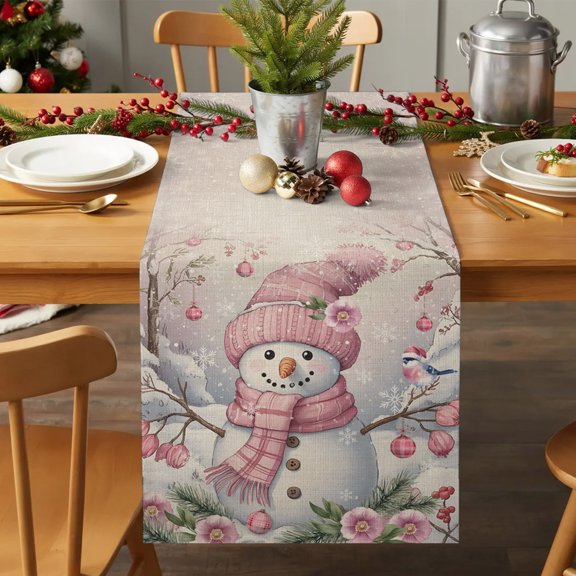 Table Runner 36 Inches Long - Vintage Pink Snowman Bird Decorative Table Scarf, Farm Flowers on Linen Dining Table Runners for Wedding Party Kitchen Dining Tables