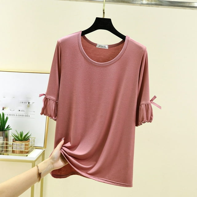 aidice T-Shirts de Sommeil pour Femmes Col Rond Manches 1/2 Hauts Grande Taille Coupe Ample Extensible Doux Confortable T-Shirts Couleur Unie