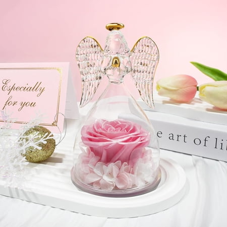Eternal Preserved Rose Angel Figurine Gift in Dome, Pink Rose with Gold Wing Angel Statue, No Maintenance Decorative Keepsake, Gift for Mom Women Grandma Wife for Birthday Mothers Day Valentines Day