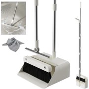 Broom and Dustpan Combo Set, Dust Pan with 3-in-1 Rubber Squeegee Broom Design 180° Silicone Broom with Self-Cleaning Teeth for Floor Bathroom Kitchen Shower Tile Pet with 1 Pack Grey Microfiber Cloth