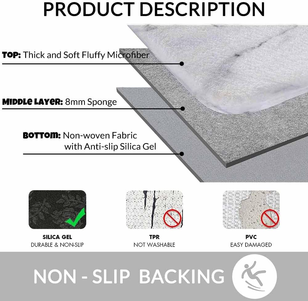 Marble Bath Mat for Bathroom Abstract White Gray Marble Texture Bath Rugs Door Mat Non Slip Rubber Backed Bathroom Floor Mat for Bathtub Sink Shower 20"X32"