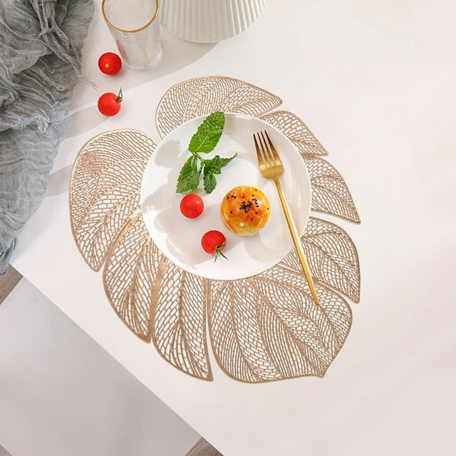 Oleegame 1PC Placemat Stylish PVC Hollow-out Turtle Back Leaf Decoration Placemat with Simulation Leaves, , Oil-proof and Durable Table Mat for Heat Insulation Gold