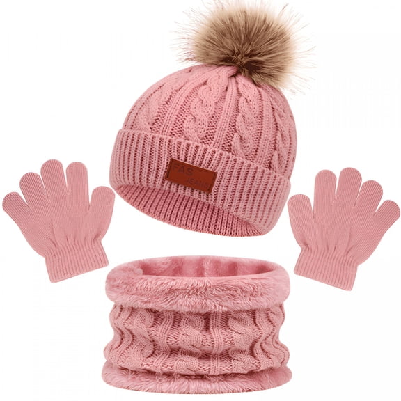 TELOLY Winter Beanie Hat Scarf Gloves Set for Kids, Toddlers Knitting Cap Neck Warmer Gloves Set for Aged 3-8 Years, Pink