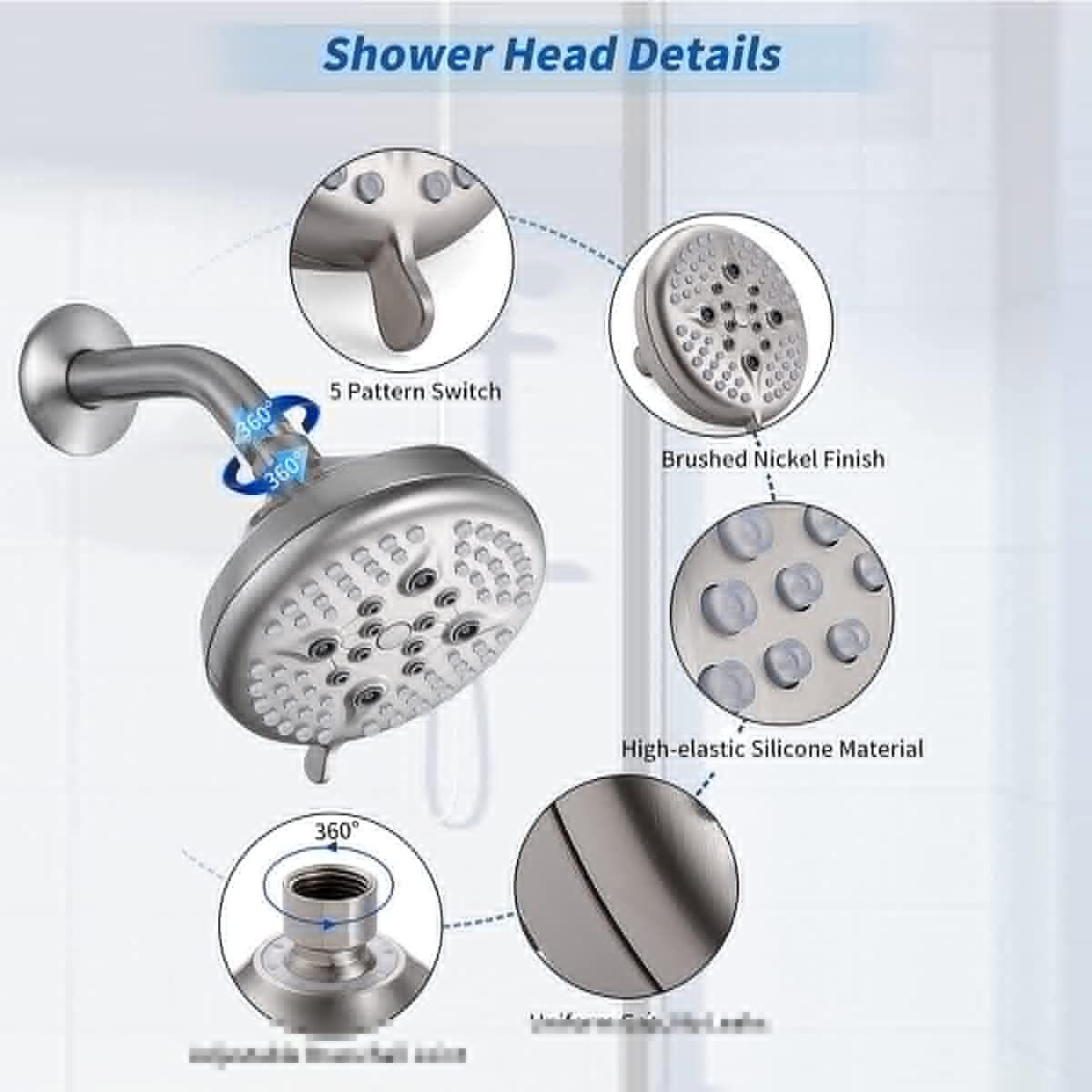 High Pressure Shower Head 5 Spray Settings Rain Shower Head with Adjustable Brass Swivel Joint