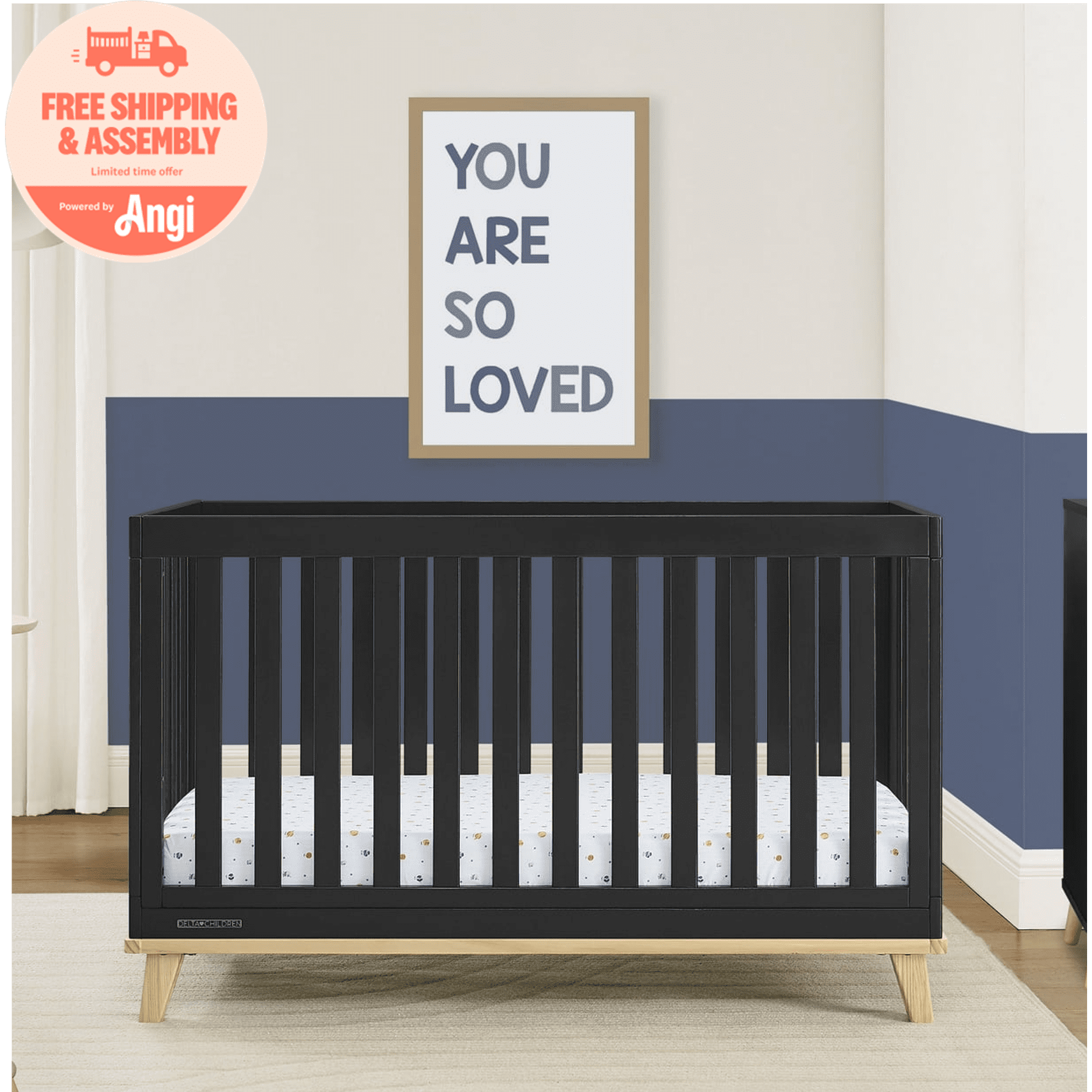 Delta Children Frankie 4-in-1 Convertible Crib - Greenguard Gold Certified, Black with Natural