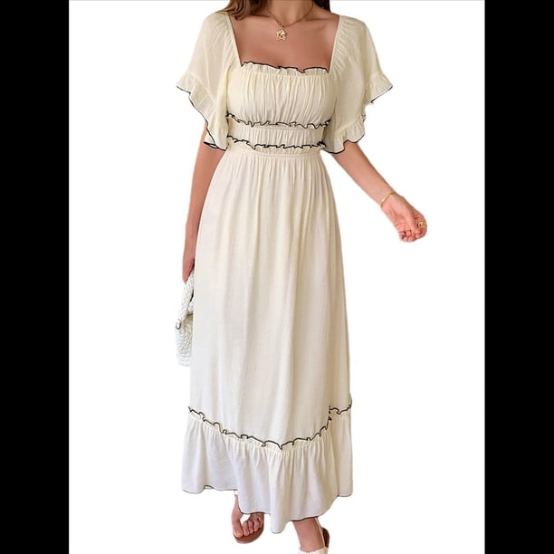 Vestido Midi de Corta para Mujer, Cuello Cuadrado, Color Contrastante, Informal, Fruncido con Ribetes. Albaricoque XL