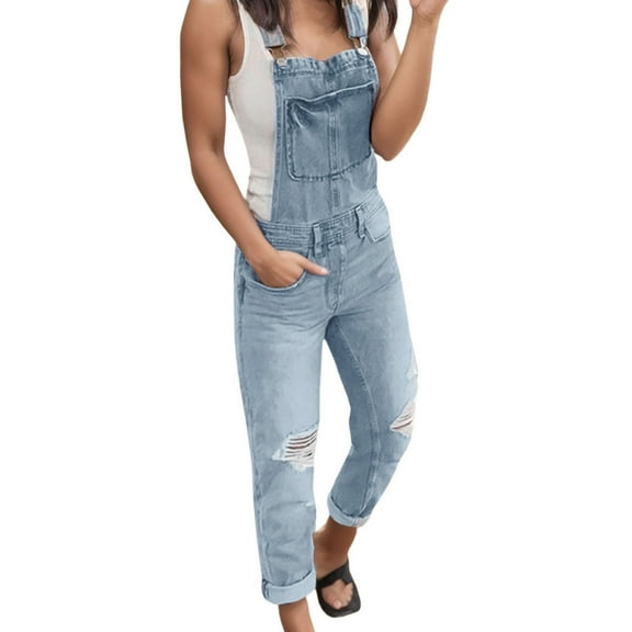Casual Womens Loose Denim Rompers Denim Overalls Ripped Washed Bib Jeans Women's Jumpsuit